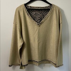 POL Tan Pullover Women's Oversized Top with Leopard Accents and Raw Edges S